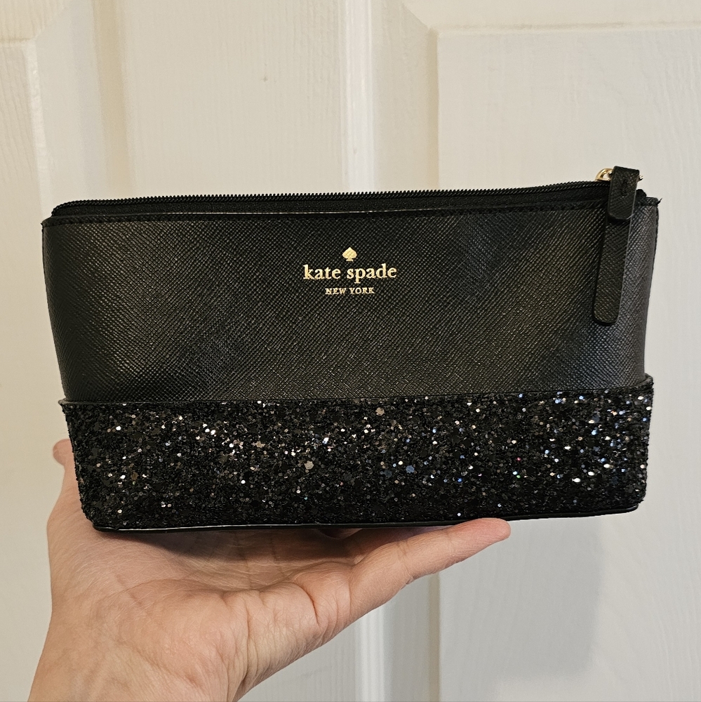 Kate Spade NWOT Black Glitter Zip Pouch